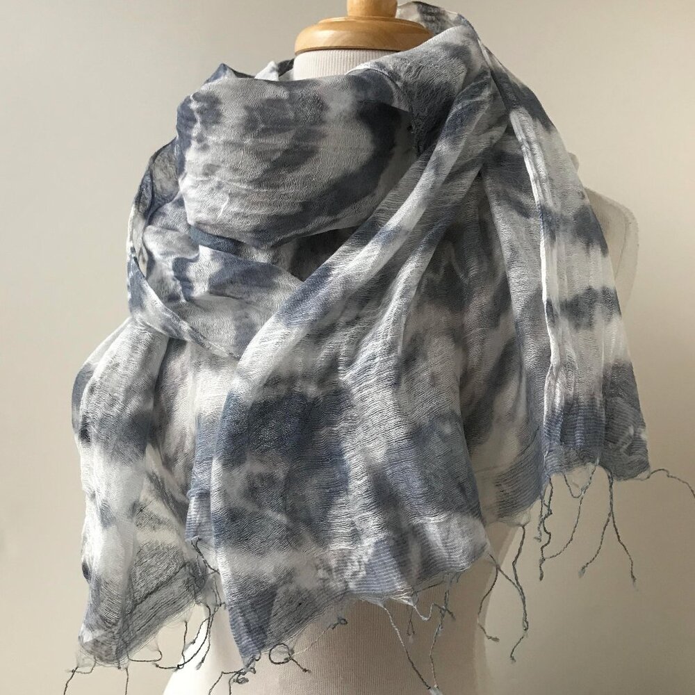 Artist Made Lightweight Tie Dye Scarf with Fringe, Silk and Rayon